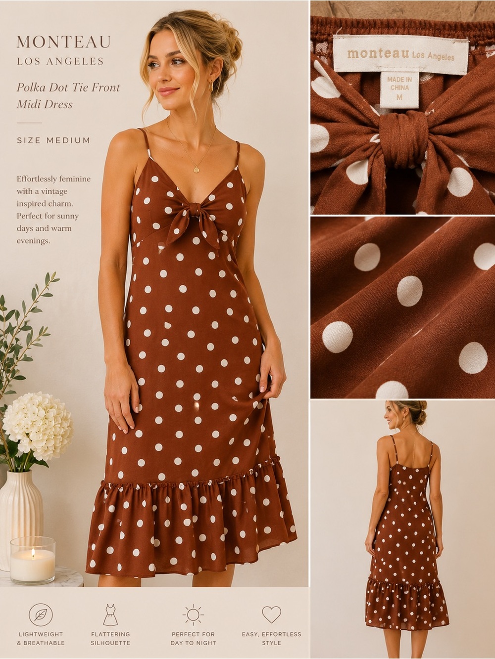 Monteau Brown Polka Dot Midi Dress with White Dots